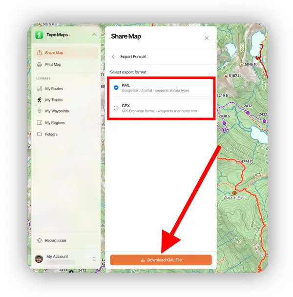The Export Format step with KML and GPX options and a Download KML File button