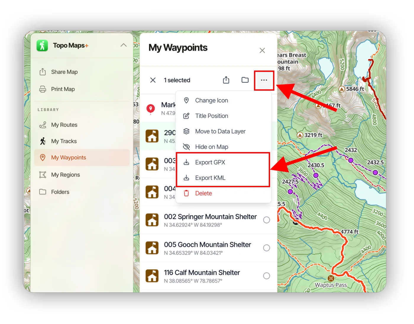 My Waypoints with one item selected and the More menu showing Export GPX and Export KML