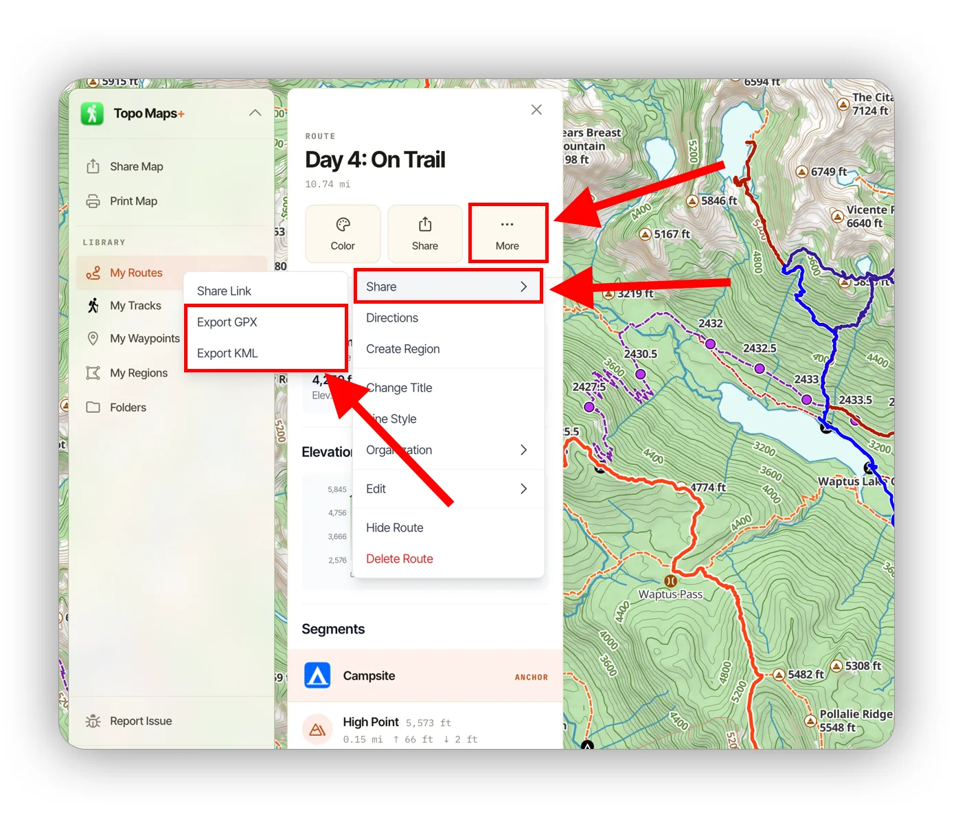 A route's More menu with Share expanded to show Export GPX and Export KML