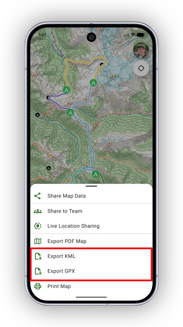 Export KML and Export GPX in the Share menu