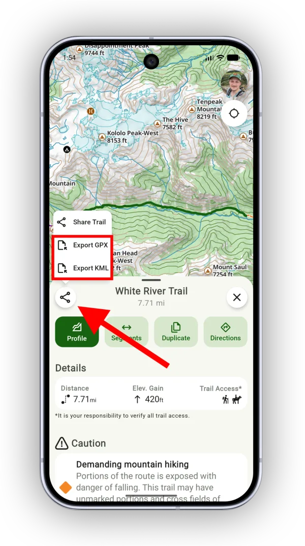 Export options on a trail's details