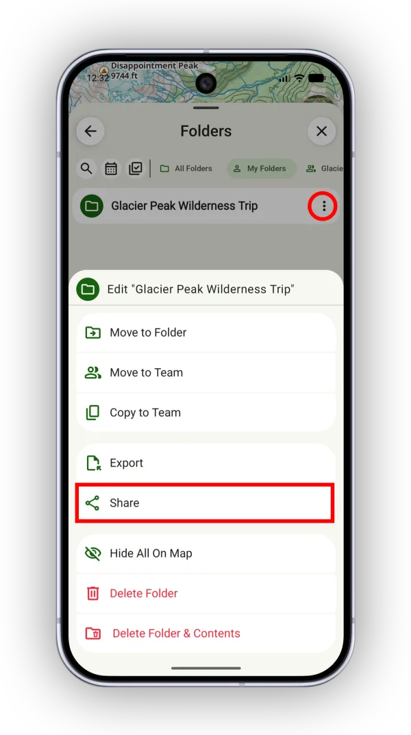 The folder menu with Export and Share options