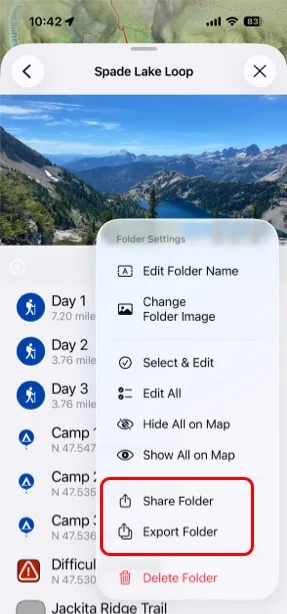 The folder menu with Export and Share options