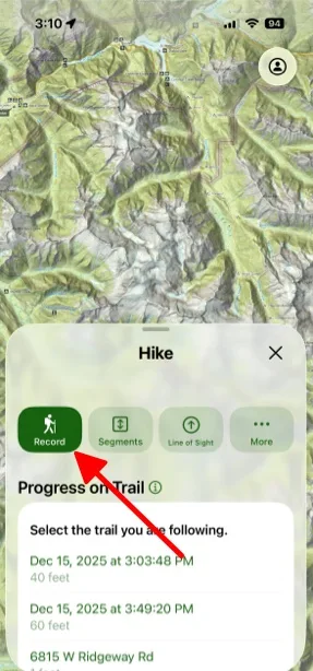 The record button in the Hike menu