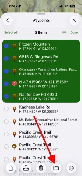 Selected items with the folder button