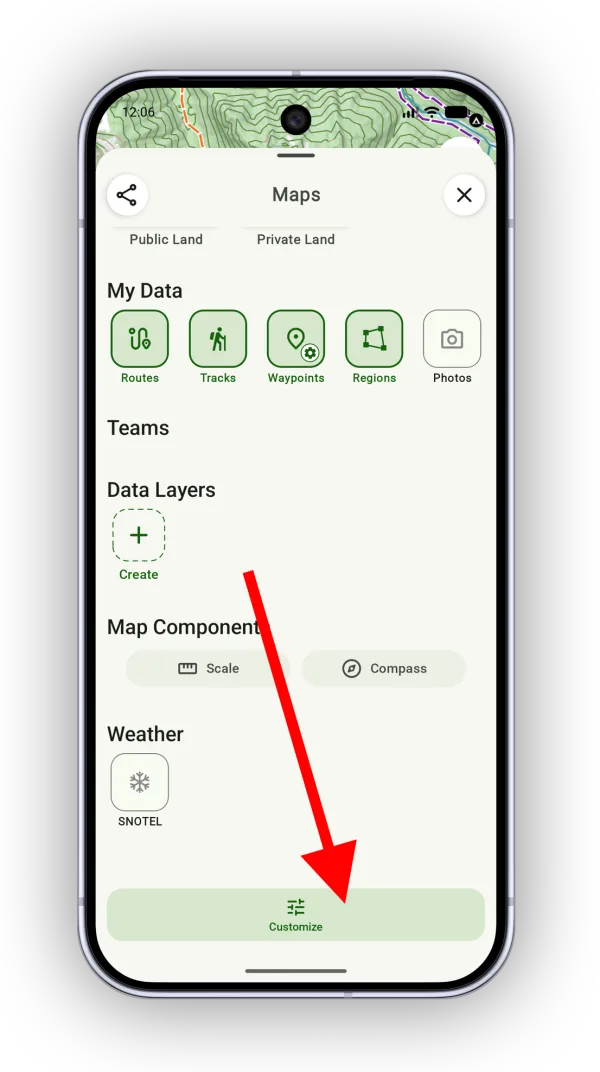 The Customize button at the bottom of the Maps panel
