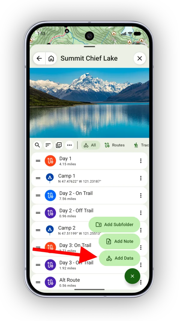 The folder's add menu with options to add data, a subfolder, or a note