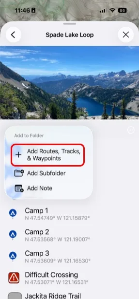 The folder's add menu with options to add data, a subfolder, or a note