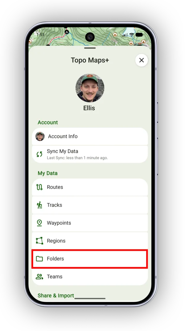 Folders in the My Data section of the account menu