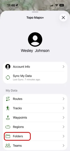 Folders in the My Data section of the account menu