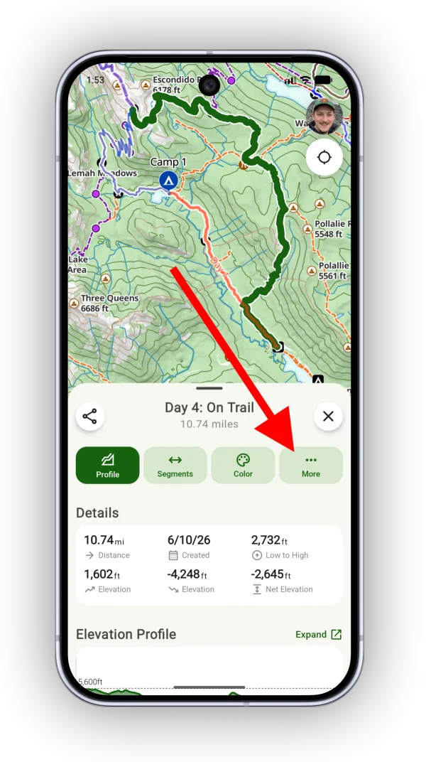 The More button on a route's info card