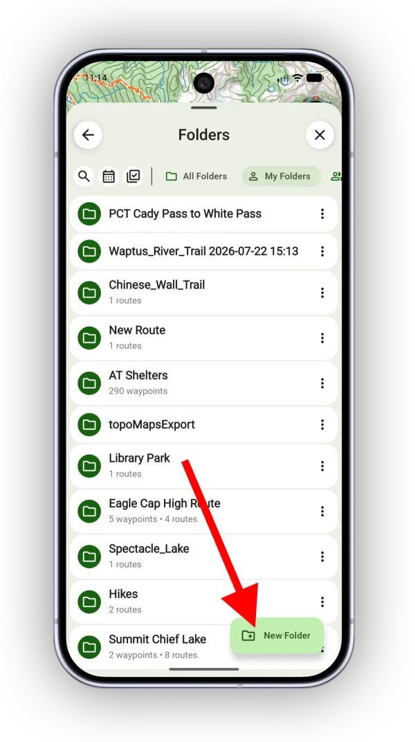 The folder list with the button for adding a new folder