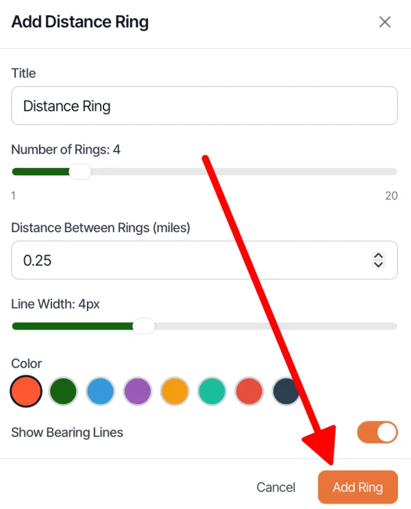 The Add Distance Ring dialog with title, number of rings, distance, line width, color, and bearing line options