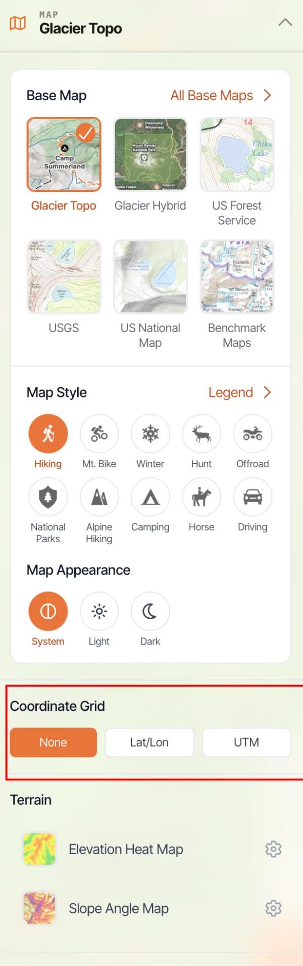The Coordinate Grid section of the map dashboard with None, Lat/Lon, and UTM