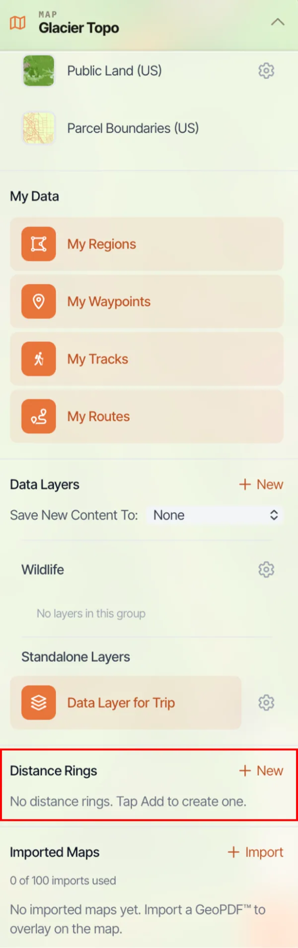 The Distance Rings section of the map dashboard with the New button