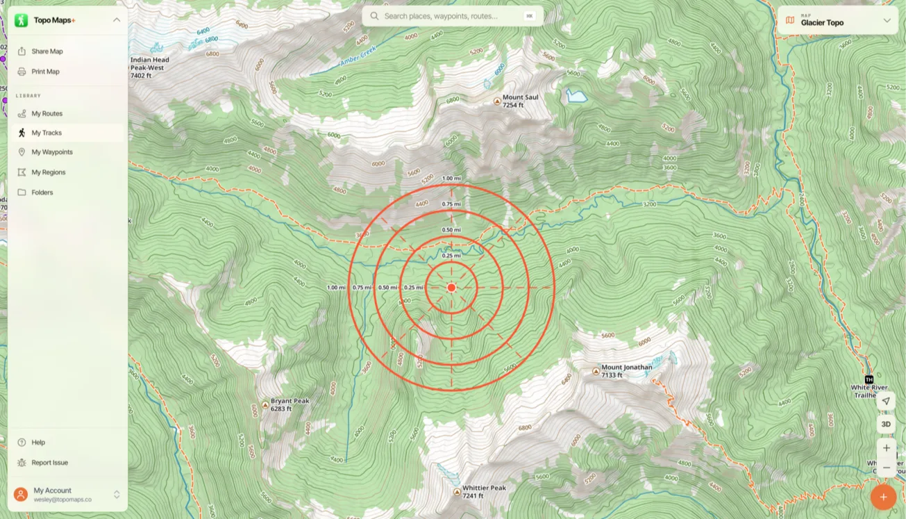 Distance rings centered on a point on the map