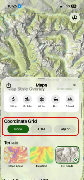 The Coordinate Grid section with None, Lat/Lon, and UTM options