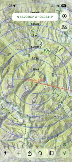 Distance rings drawn around a point on the map