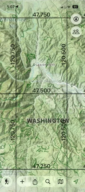 A latitude and longitude grid on the map