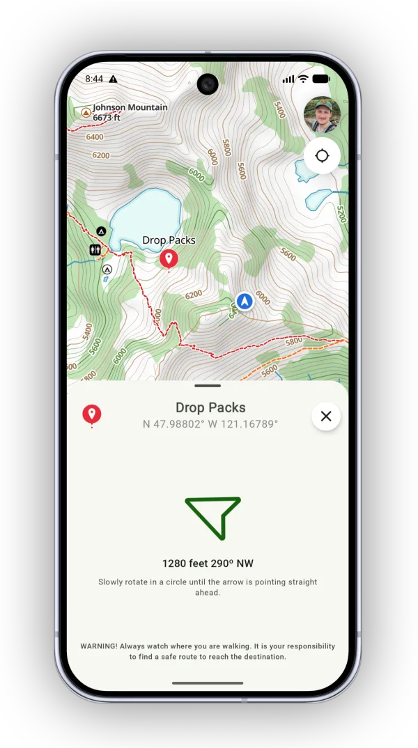 Guide Me showing the distance and bearing to the waypoint with a direction arrow