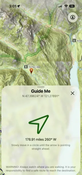Guide Me showing the distance and bearing to the waypoint with a direction arrow