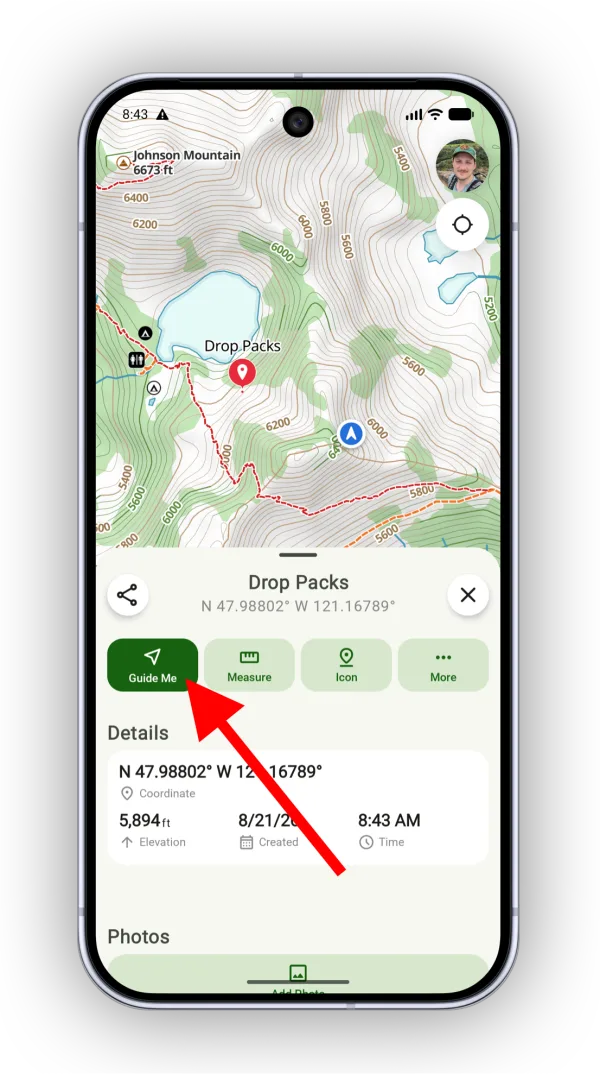 The Guide Me button on a waypoint’s info panel