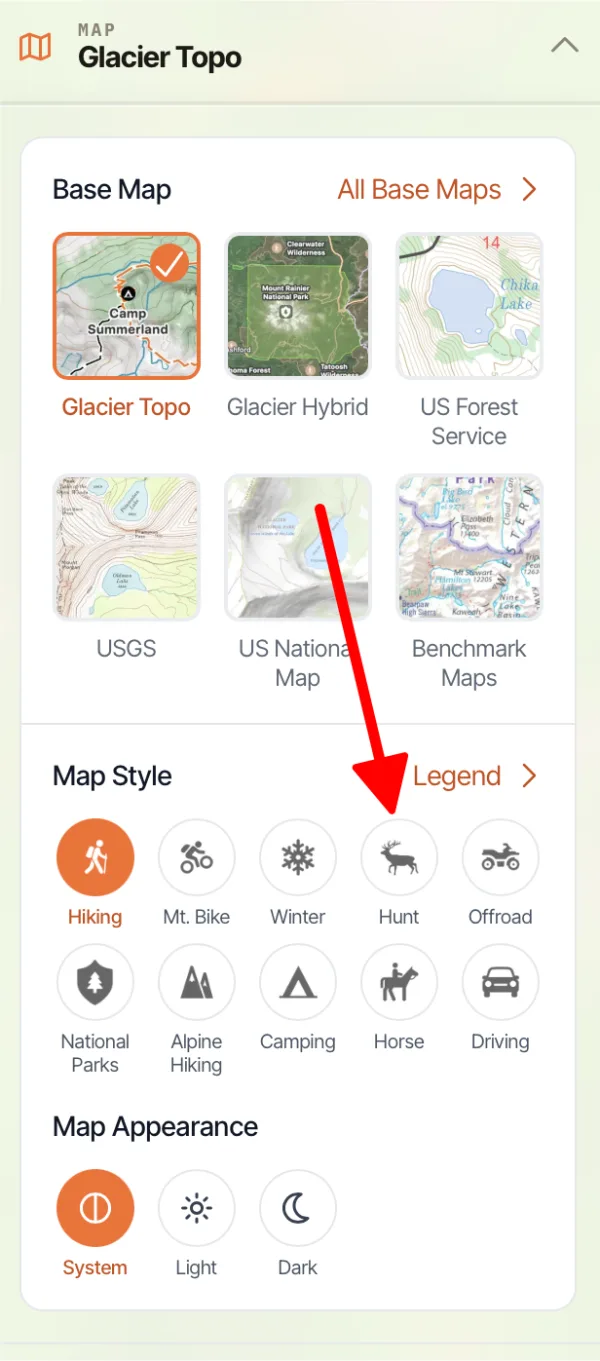 The Map Style section of the map dashboard with Hunt highlighted