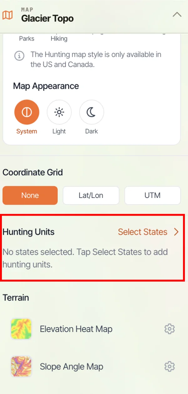 The Hunting Units section of the map dashboard with Select States