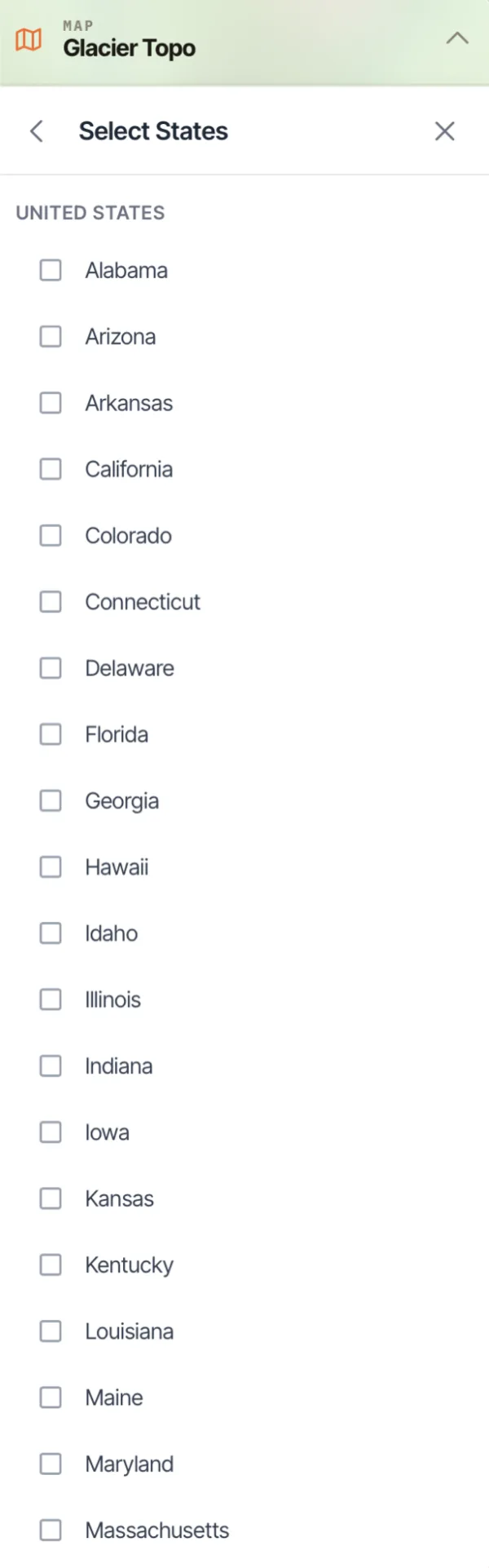 The Select States list with checkboxes for each US state