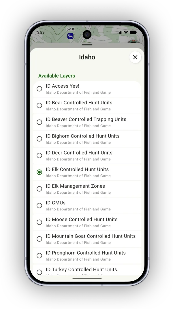 The list of available hunting layers for Idaho