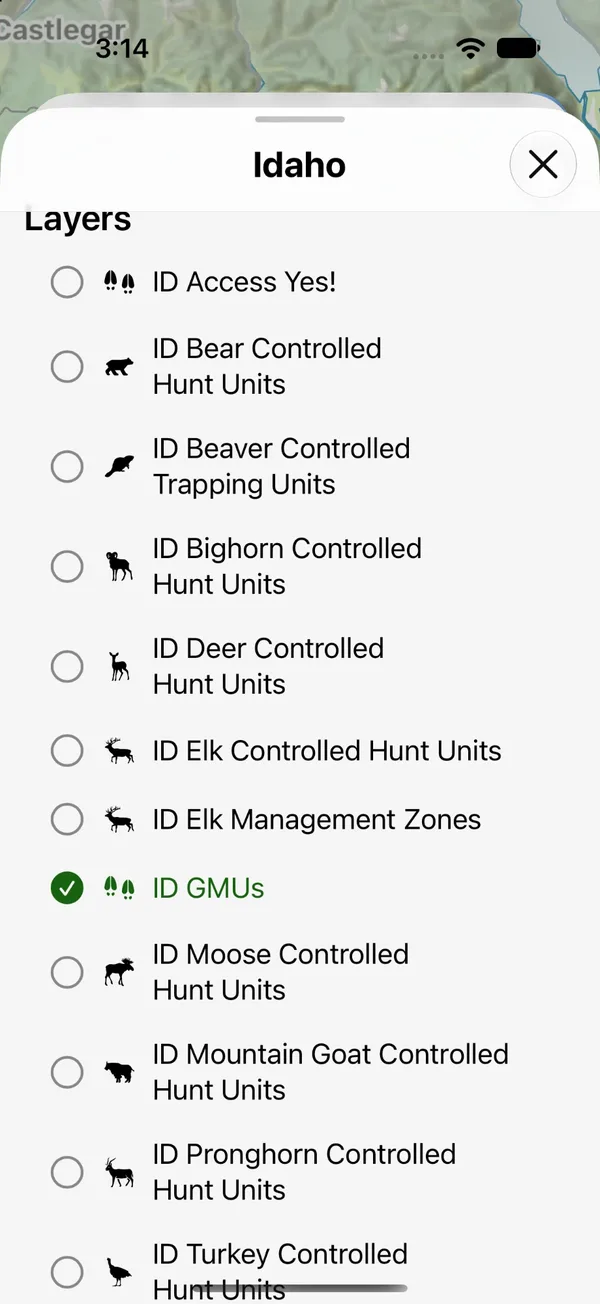 The Idaho layers list with ID GMUs selected