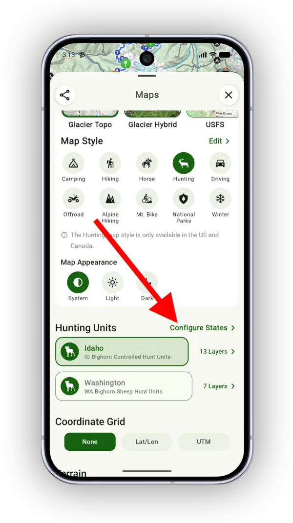 The Hunting Units section with the button for choosing states