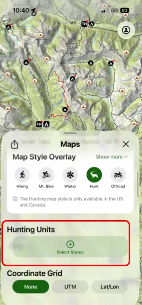 The Hunting Units section with the button for choosing states