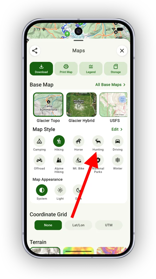 The Hunting style in the Maps panel