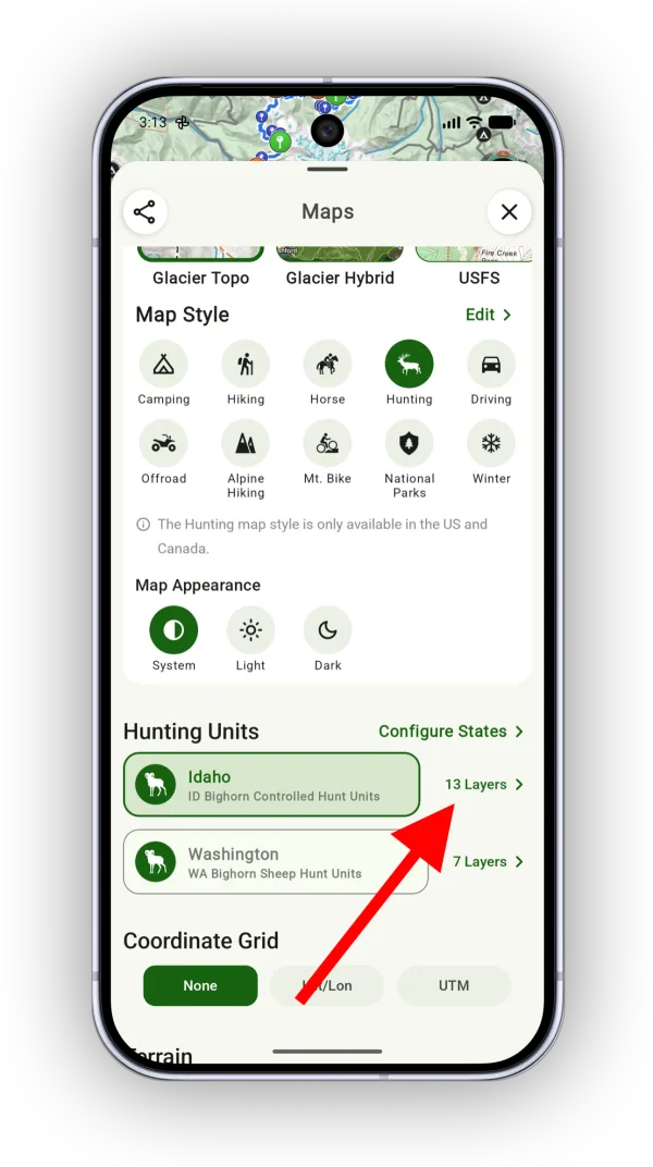 The Layers button next to a state in Hunting Units