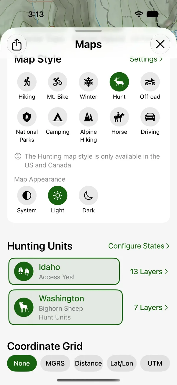 The Layers button next to a state in Hunting Units