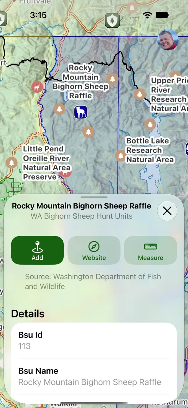 Details for a Washington bighorn sheep hunt unit tapped on the map, with Add, Website, and Measure buttons