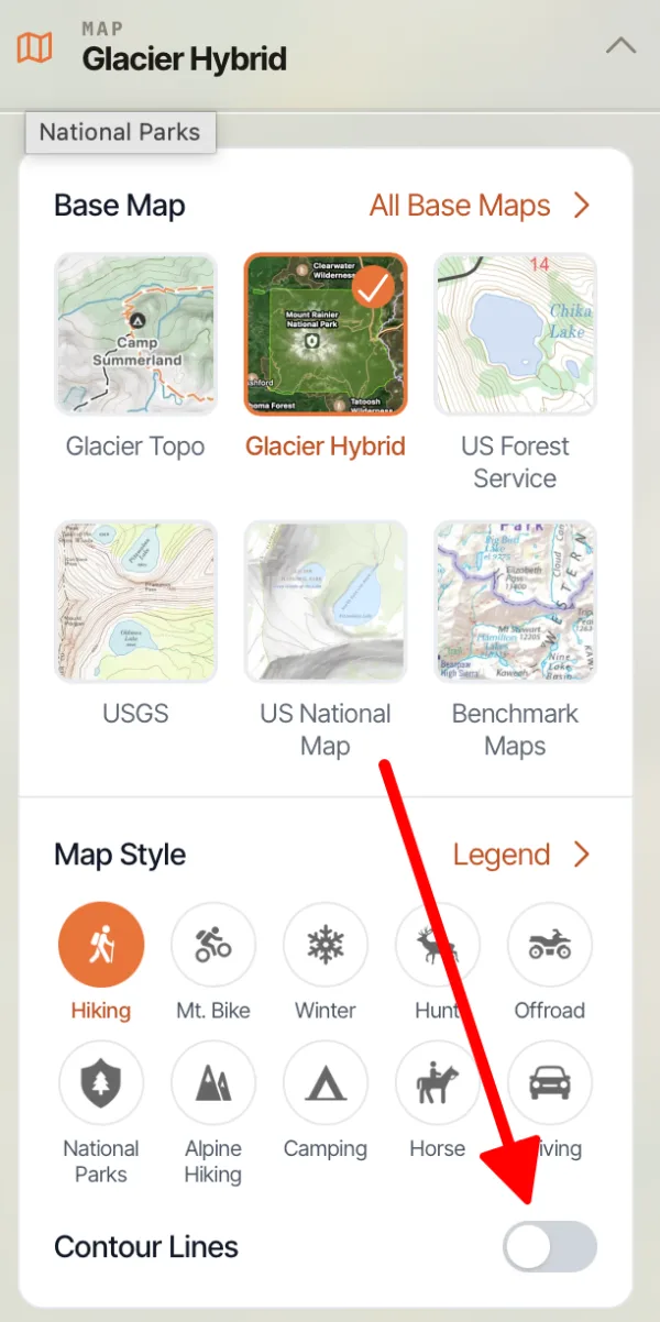 The Contour Lines toggle below the Map Style options for Glacier Hybrid