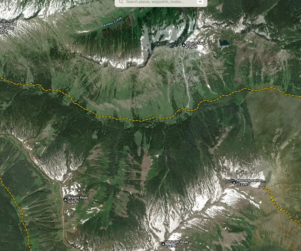 The Glacier Hybrid map showing satellite imagery with trails and peaks labeled