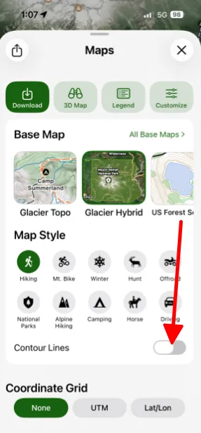 The Contour Lines toggle under Map Style