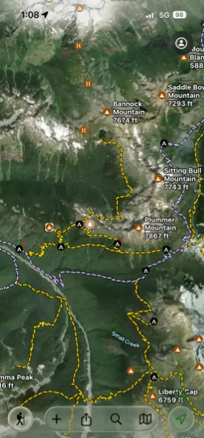 The Glacier Hybrid map showing satellite imagery with trails and labels
