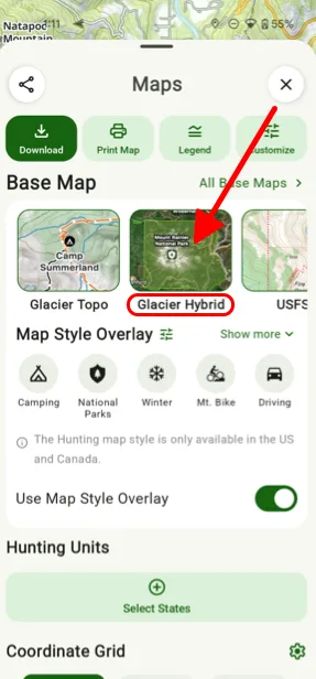 Glacier Hybrid selected under Base Map