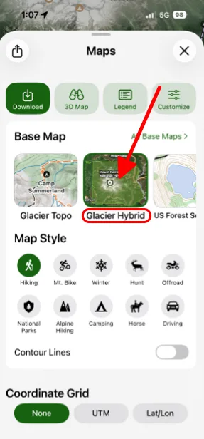 Glacier Hybrid selected under Base Map