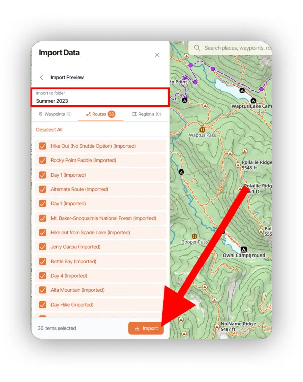 The Import Preview with the Import to folder name, a list of selected routes, and the Import button