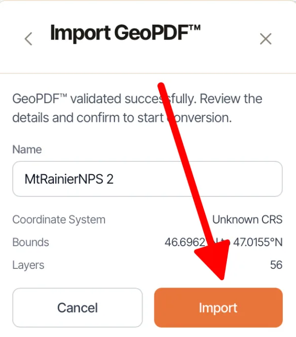The GeoPDF validated screen showing the name, coordinate system, bounds, and layers with an Import button