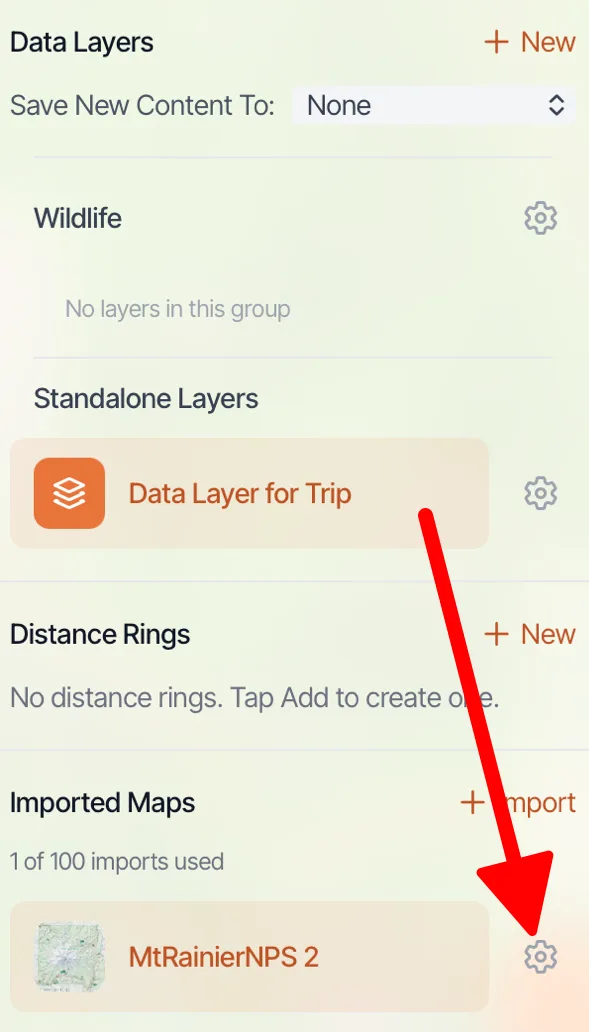The Imported Maps section of the map dashboard with the settings icon next to an imported map