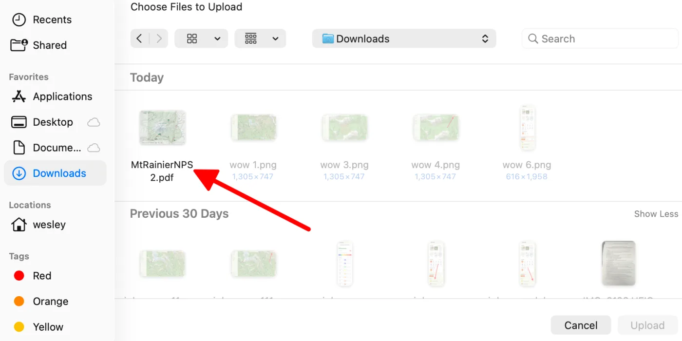 Choosing a GeoPDF file to upload from the computer's file picker