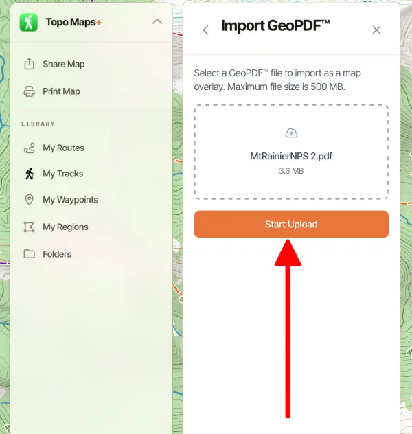 The Import GeoPDF panel with the selected file and the Start Upload button