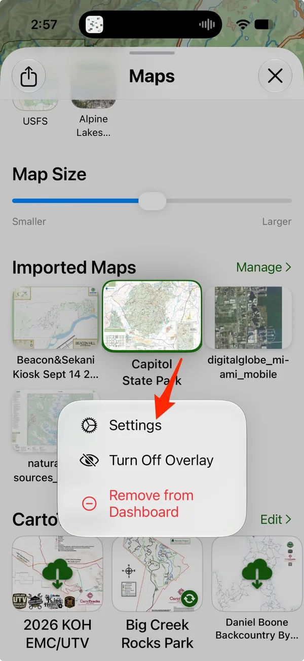 The menu for an imported map with Settings, Turn Off Overlay, and Remove from Dashboard