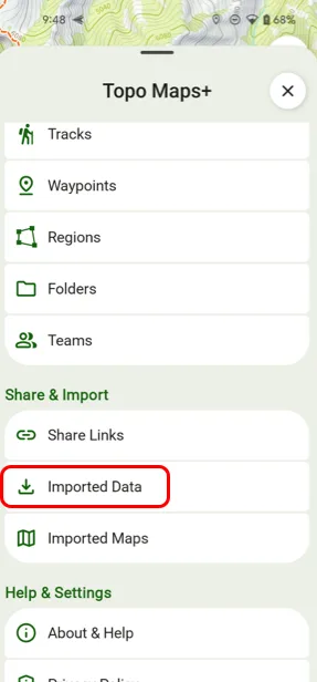 Imported Data in the account menu